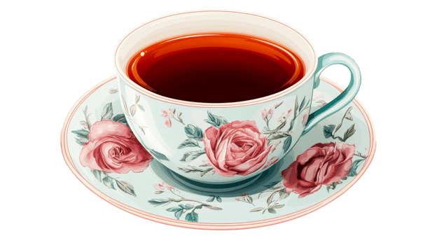 Tea cup with roses design, full of black tea, antique tableware, cut out transparent png