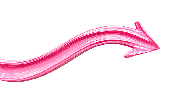 Pink flowing arrow with a glossy, reflective finish, cut out transparent png