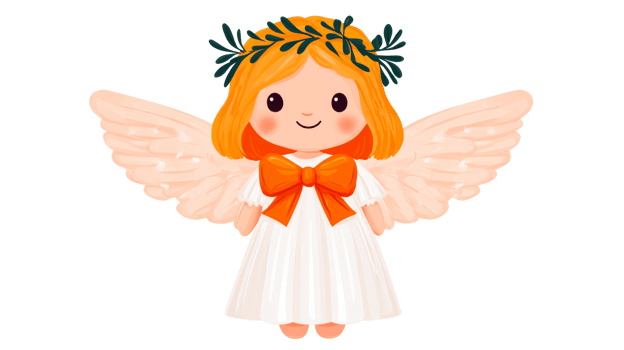 Cute angel girl with wings and bow in white dress, cut out transparent png