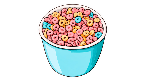 Bowl of colorful breakfast cereal, pink, yellow, and blue, cut out transparent png
