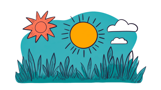 Sunny landscape illustration with sun and clouds, cut out transparent png