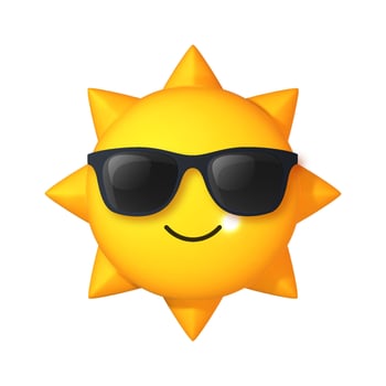 3D sun emoji icon with sunglasses, isolated on white. vector