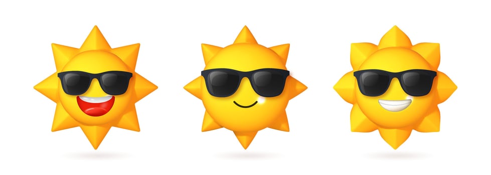 Set of 3D sun emoji icon with sunglasses, isolated on white. Bright yellow sunshine symbol for weather, climate, and summer vacation concepts. vector