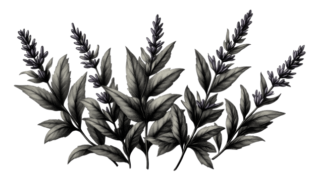 Lavender illustration with leaves, hand drawn, detailed, cut out transparent png