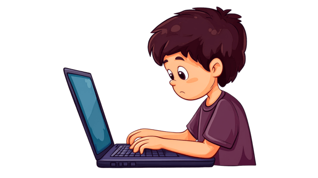 Boy intensely using laptop, looking focused and studious, cut out transparent png