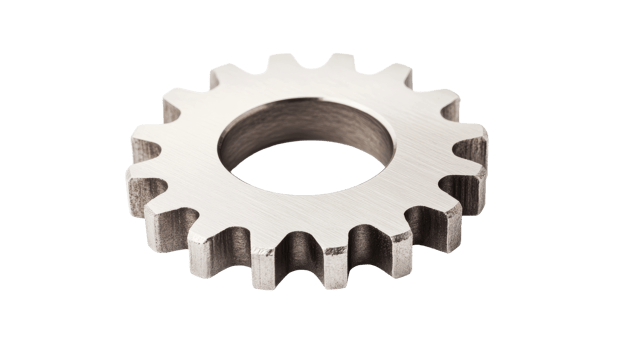 Metal cogwheel with teeth and center hole on black background, cut out transparent png
