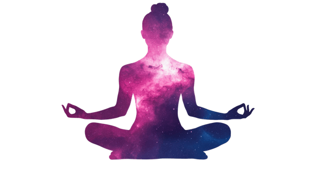 Woman meditating in lotus position with galaxy fill, cut out transparent png