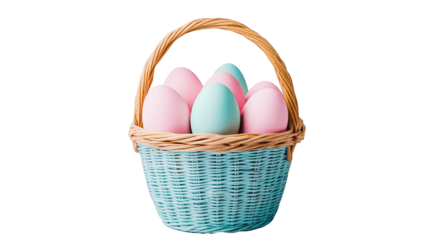 Easter basket with pink and blue eggs, cut out transparent png