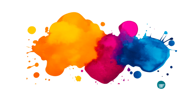 Vibrant paint splashes with watercolor texture on black, cut out transparent png