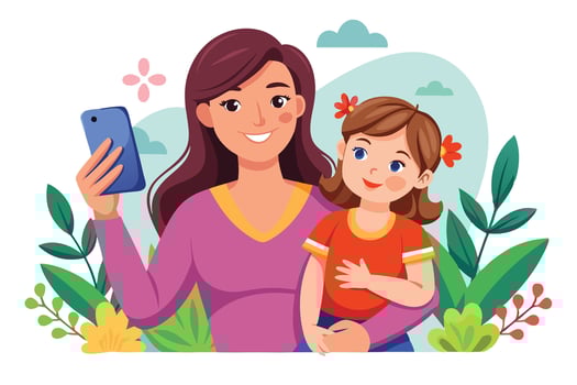 Mother With Daughter Cartoon Taking Selfie with Phone on Floral Background vector