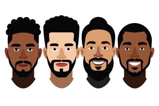 Four Diverse Bearded Men Faces with Black Hair on White Background Cartoon Design vector