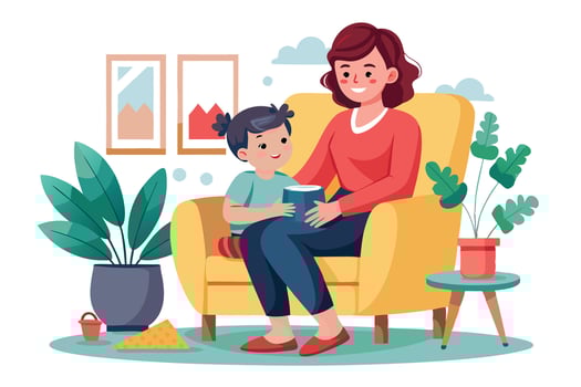 Smiling Mother with Daughter in Yellow Armchair Holds Blue Book vector