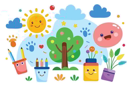 Cheerful Flat Design with Smiling Sun and Cute Nature Elements vector