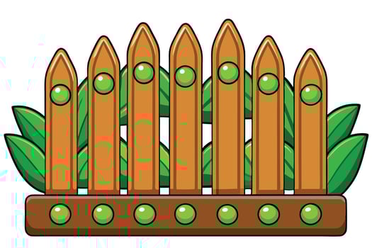 Cartoon Brown Wooden Fence Border with Green Leaves and Spheres on White vector