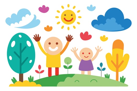 Happy Cartoon Kids with Raised Arms on Hill with Colorful Flowers, Sun and Clouds vector