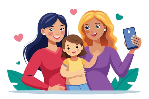 Cartoon Mom Taking Selfie with Daughter and Friend on White Background Art vector