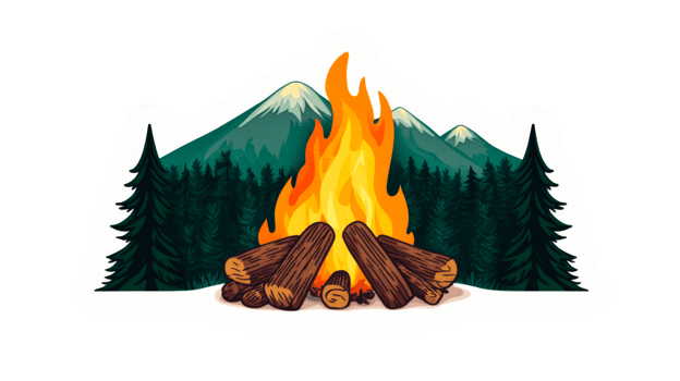 Bonfire surrounded by trees and mountain landscape, cut out transparent png
