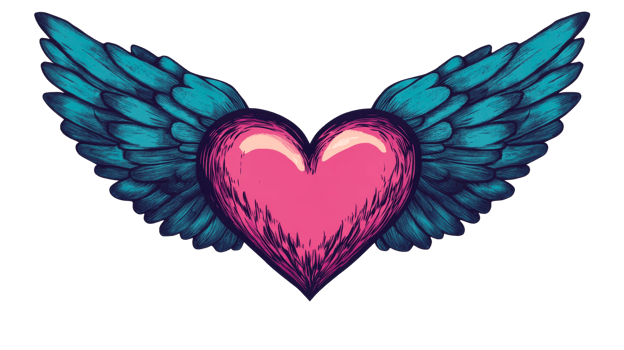 Heart with turquoise wings illustration, cut out transparent png