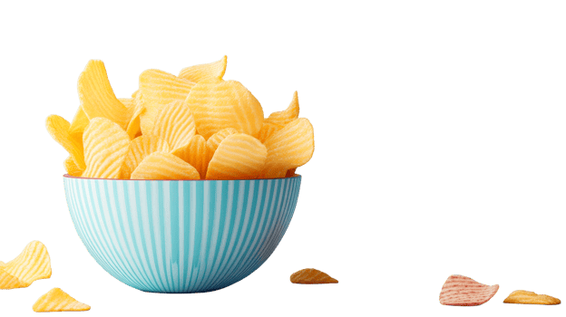 Crispy potato chips in bowl, isolated on black background, cut out transparent png