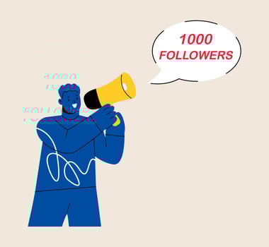 Man shouting in loud speaker celebrate large number of followers on social media. 1 Thousand followers online social media concept. Colorful illustration vector