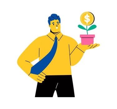 Happy business man holding growing plant with dollar money coin flower. Investment concept. Flat illustration isolated on white background vector