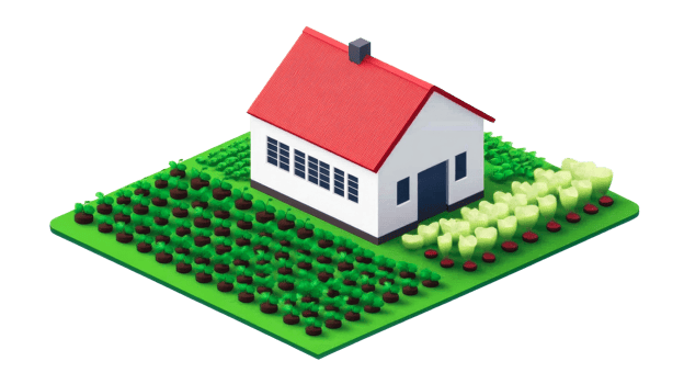 Isometric farm with crops and house illustration, cut out transparent png