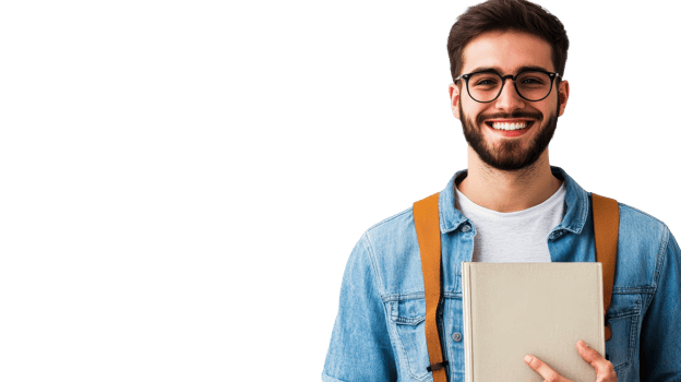Smiling student holding a book and wearing a backpack, cut out transparent png