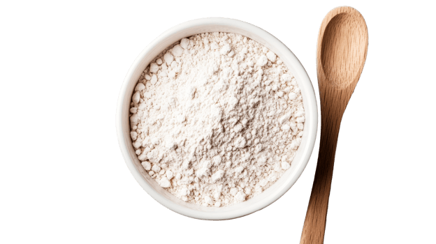 Bowl of flour with wooden spoon, kitchen concept, cut out transparent png