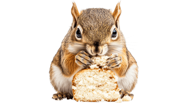 Squirrel eating piece cake, furry mammal, adorable, cute rodent, cut out transparent png