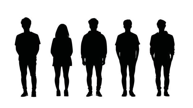 Five people silhouettes stand against black, cut out transparent png