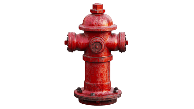 Weathered red fire hydrant with visible wear and tear, cut out transparent png