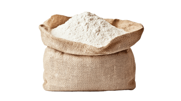 Bag of flour, burlap sack full of white powder, cut out transparent png