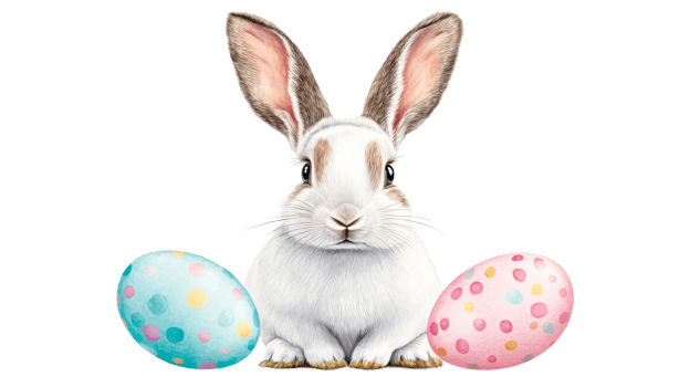 Easter bunny sitting with colorful eggs, cut out transparent png