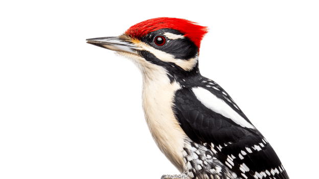 Male Hairy Woodpecker close-up portrait, red crown, nature bird, cut out transparent png