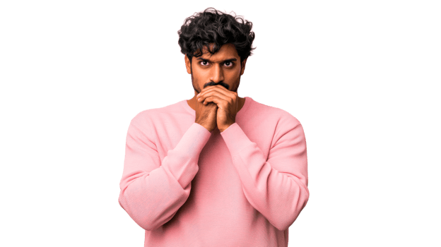 Portrait of a stylish man in pink sweater, face in hands, cut out transparent png