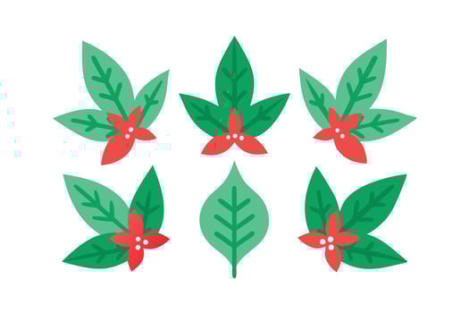 Six Green Leaves With Red Flowers Arrangement on White Background Flat Design vector