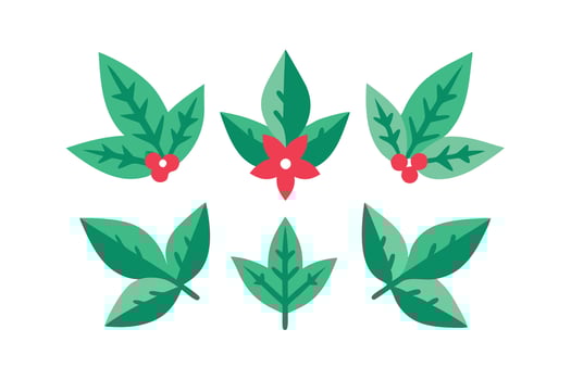 Six Isolated Green Leaves and Red Berries Design on White Background Flat Style vector