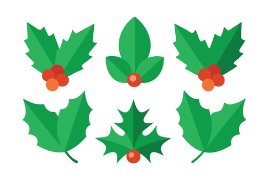 Holly Berry Sprigs Set with Green Leaves on White Background Flat Style vector