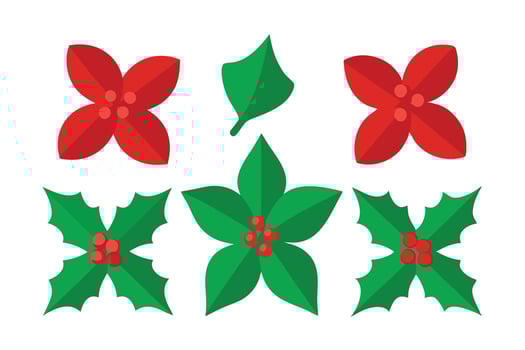 Flat Icon Style Poinsettia Flowers and Holly Berries Leaves on Transparent Background vector