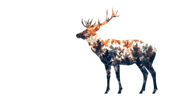Deer silhouette with autumn leaves pattern, wildlife art, cut out transparent png