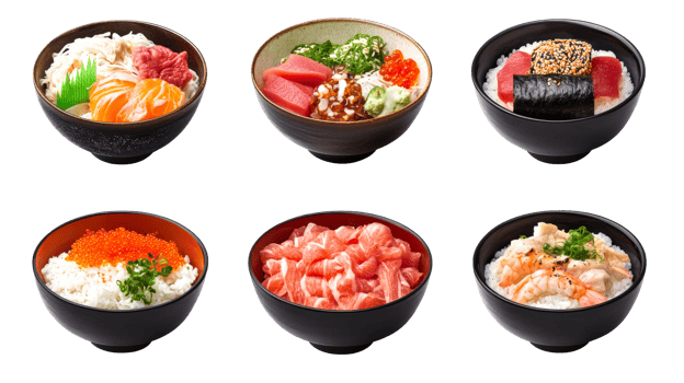 Assorted bowls of Japanese rice with meat, seafood, and vegetables, cut out transparent png