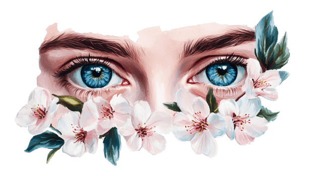 Woman's piercing blue eyes with floral accents, cut out transparent png
