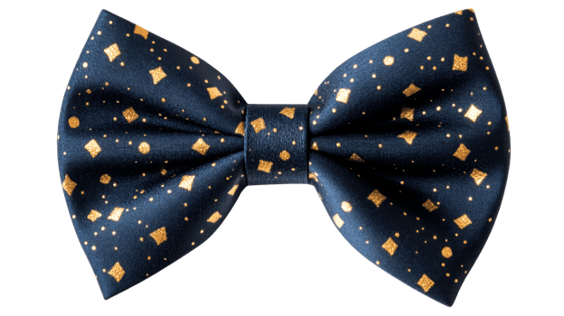 Elegant dark bow tie with golden pattern, cut out transparent png