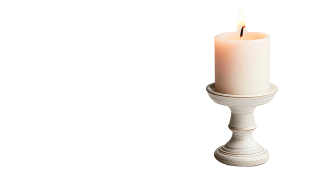 Burning candle in stand, wax flame firelight, cut out transparent png