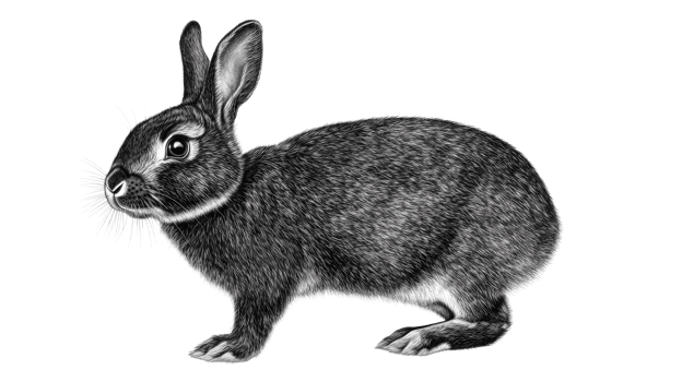 Engraving of a gray rabbit side view portrait, cut out transparent png