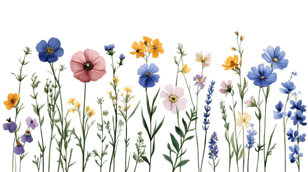 Colorful wildflowers on black background, watercolor illustration, cut out transparent png