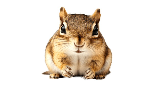 Chipmunk with detailed fur and whiskers looking forward, cut out transparent png