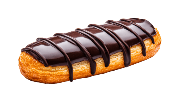 Eclair with chocolate icing, delicious pastry dessert, cut out transparent png