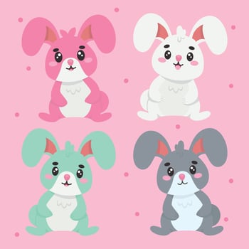 Four adorable cartoon bunnies in pink, white, mint, and gray on a pink background with scattered dots. Cute and colorful illustration perfect for children's designs, stickers, and Easter themes. vector