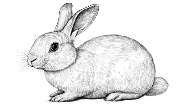 Rabbit drawing in black and white on black background, cut out transparent png
